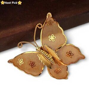 Vintage Gold Tone Mesh Butterfly Brooch, Floral Accents, Mid Century C‑Clasp Pin